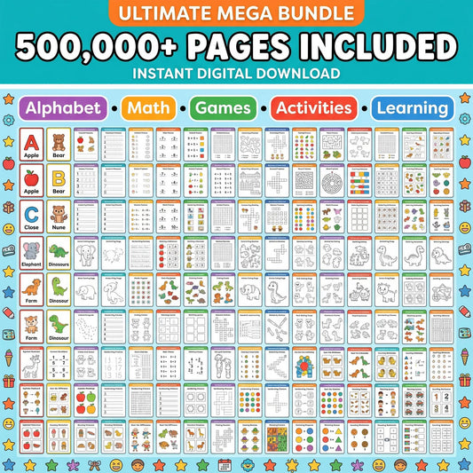 Kids Learning Bundle printable pages,coloring book,worksheets, games,number